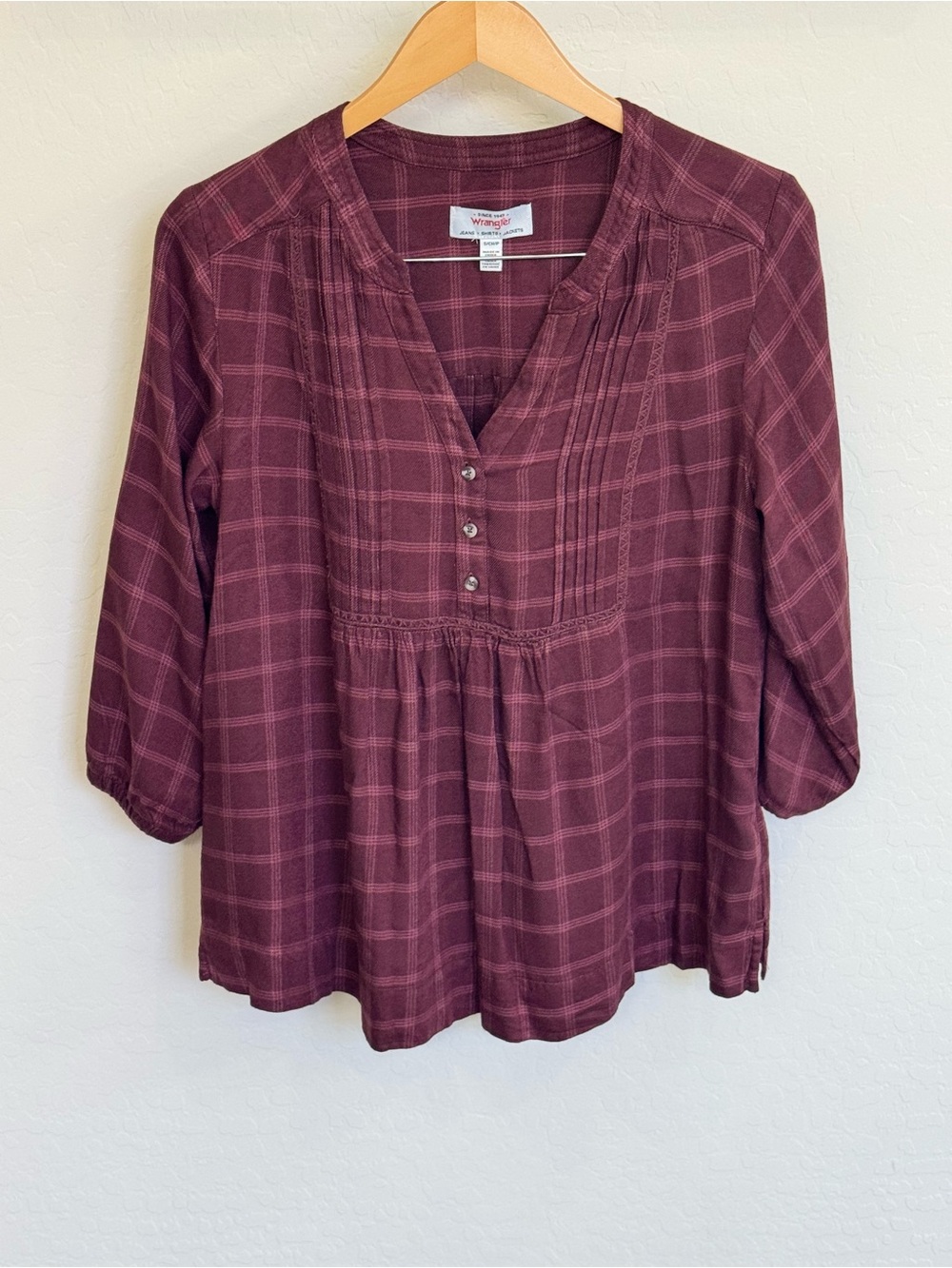 Wrangler Plaid Pintuck Popover Blouse Burgundy Maroon 3/4 Sleeve - Size Small
